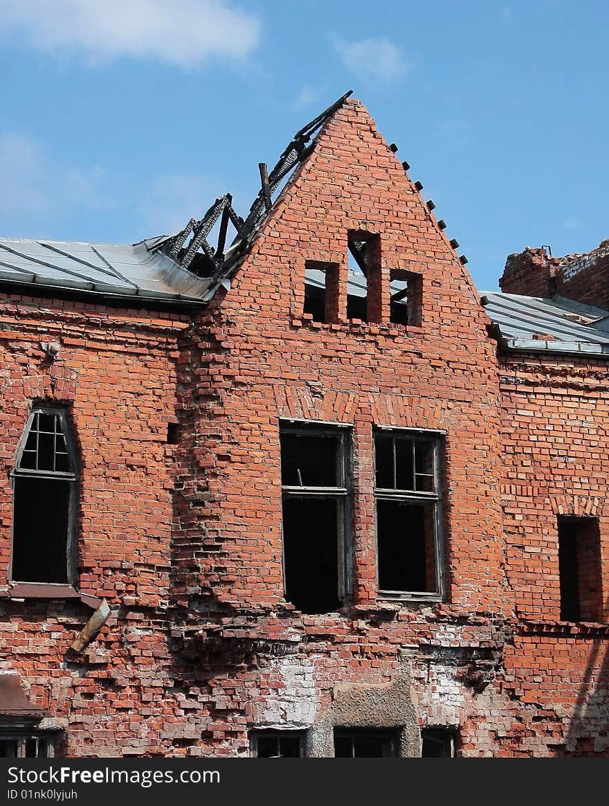 The ancient brick destroyed wall. A fragment