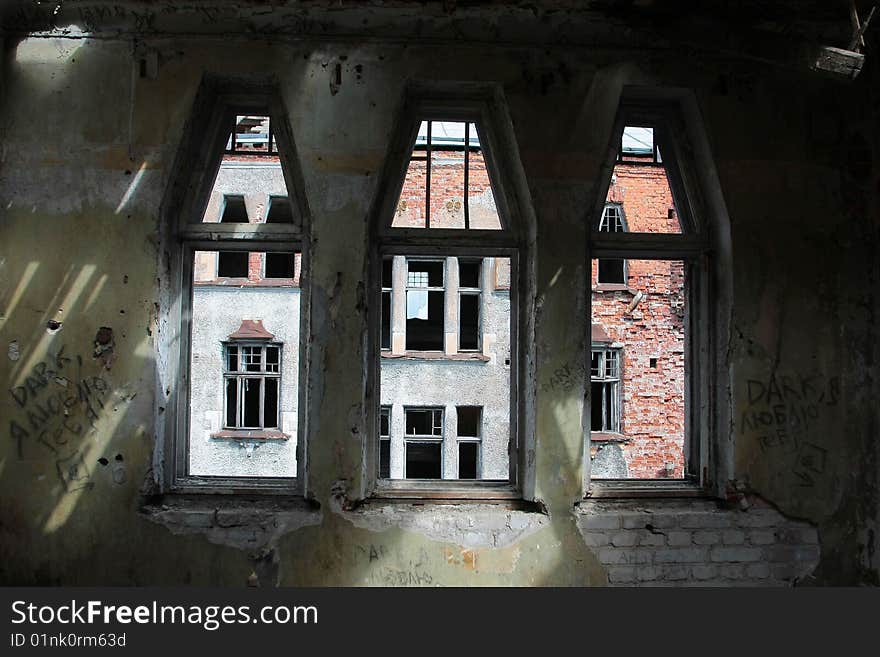 The ancient brick destroyed wall. A fragment. The ancient brick destroyed wall. A fragment