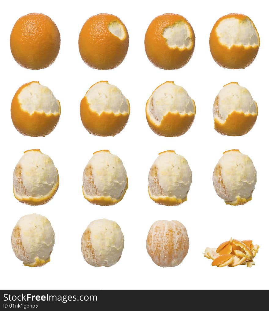 Orange getting more and more peeled. Orange getting more and more peeled