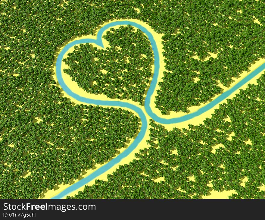 River runs through the forest in the form of heart. River runs through the forest in the form of heart