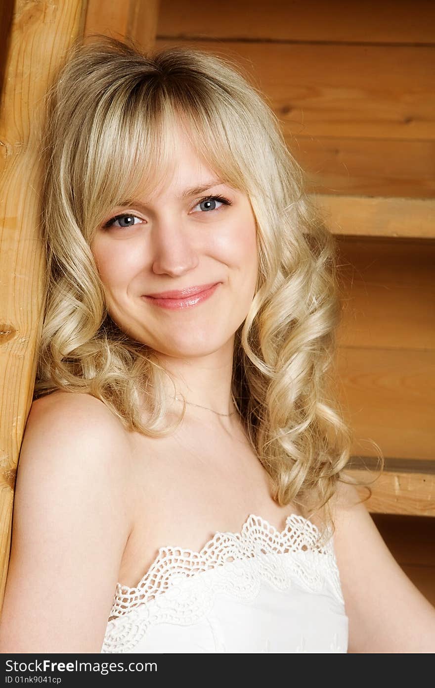 Portrait of the charming blonde on a wooden ladder background. Portrait of the charming blonde on a wooden ladder background