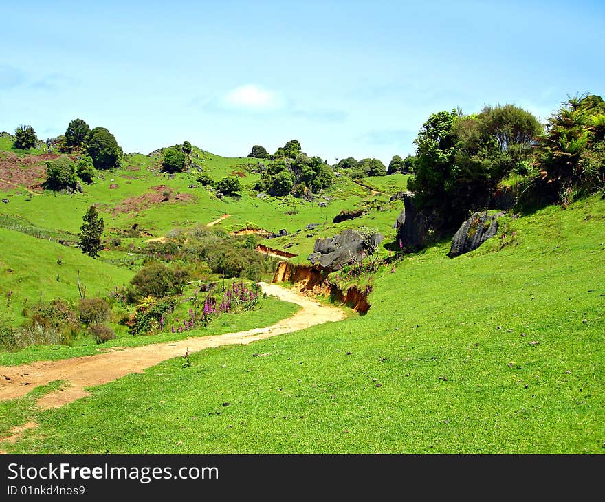 Dirt Farm Track Through Rocky Green Hills