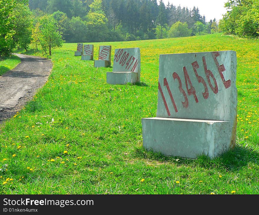 Line of stone chairs in a meadow