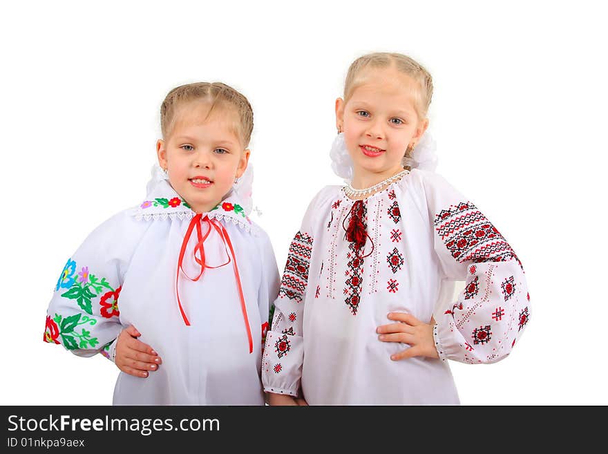 Portrait of two smiling kids isolated on white background