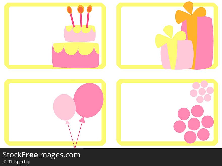 A set of four tags decorated with a cake, gifts, balloons and flowers. A set of four tags decorated with a cake, gifts, balloons and flowers