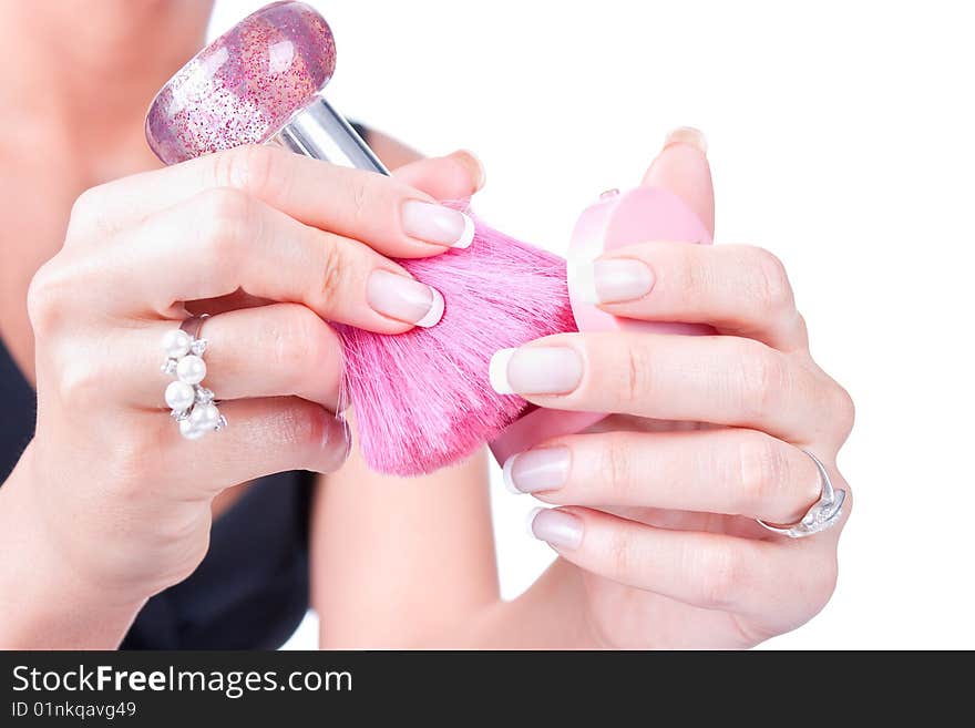 Makeup brush with blusher container, close up