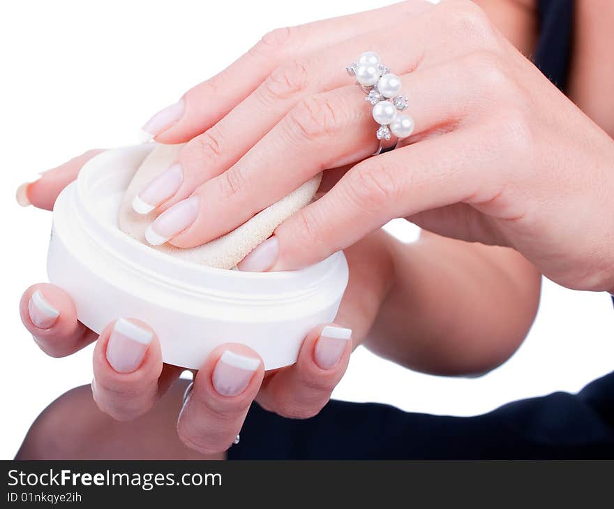 Closeup of woman is preparing to apply foundation