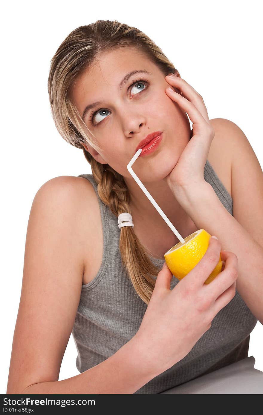 Woman holding lemon on white background. Woman holding lemon on white background