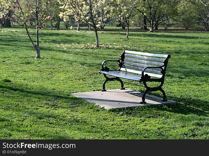 Park bench in Goodale Park in Columbus, Ohio in springtime