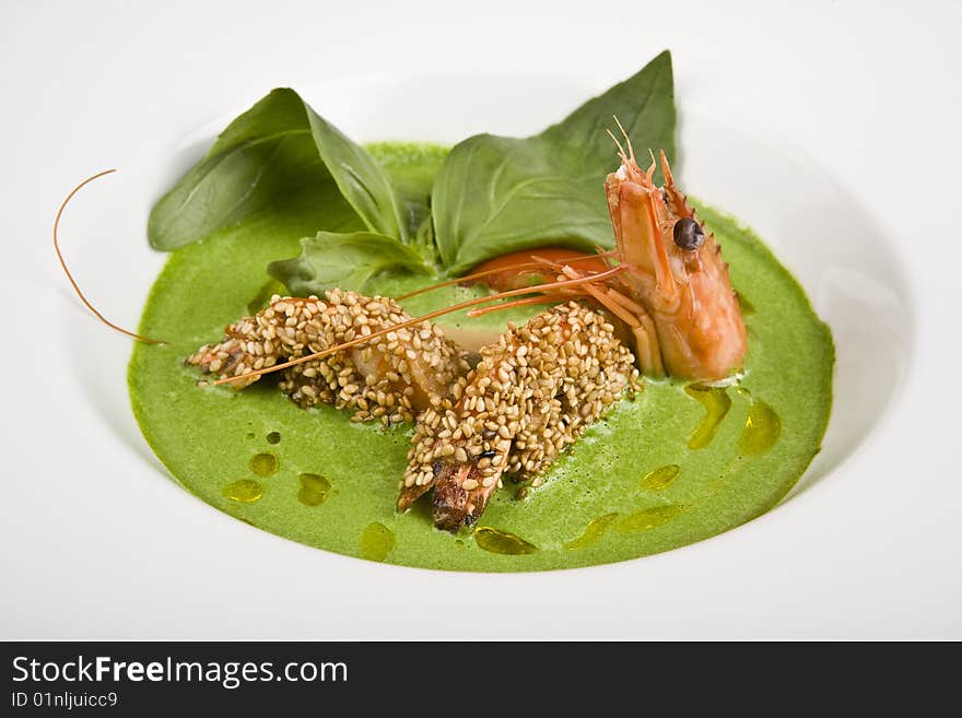 Soup From Spinach With Shrimps