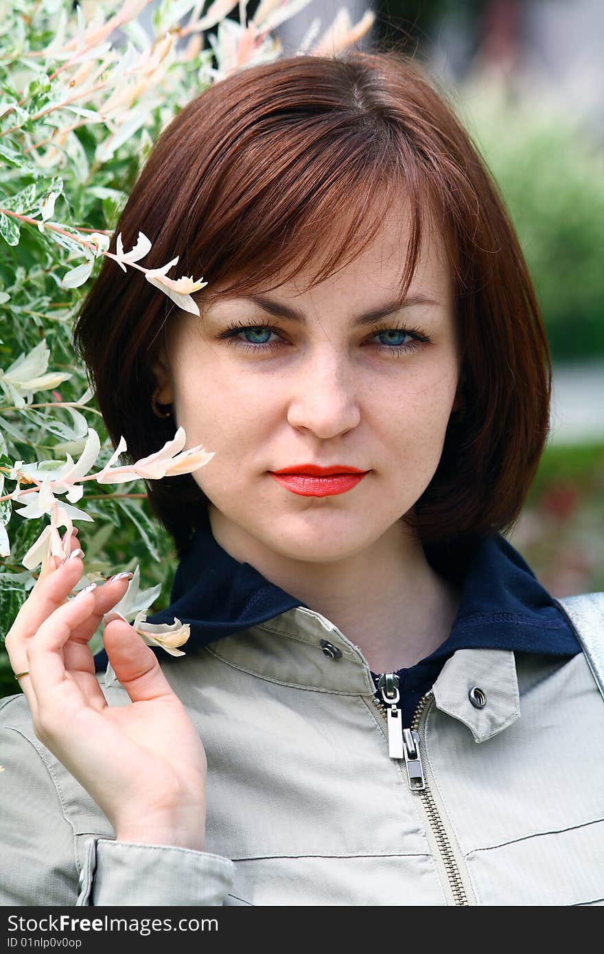 The girl in the spring, has decided to be photographed in park near a blossoming bush. The girl in the spring, has decided to be photographed in park near a blossoming bush