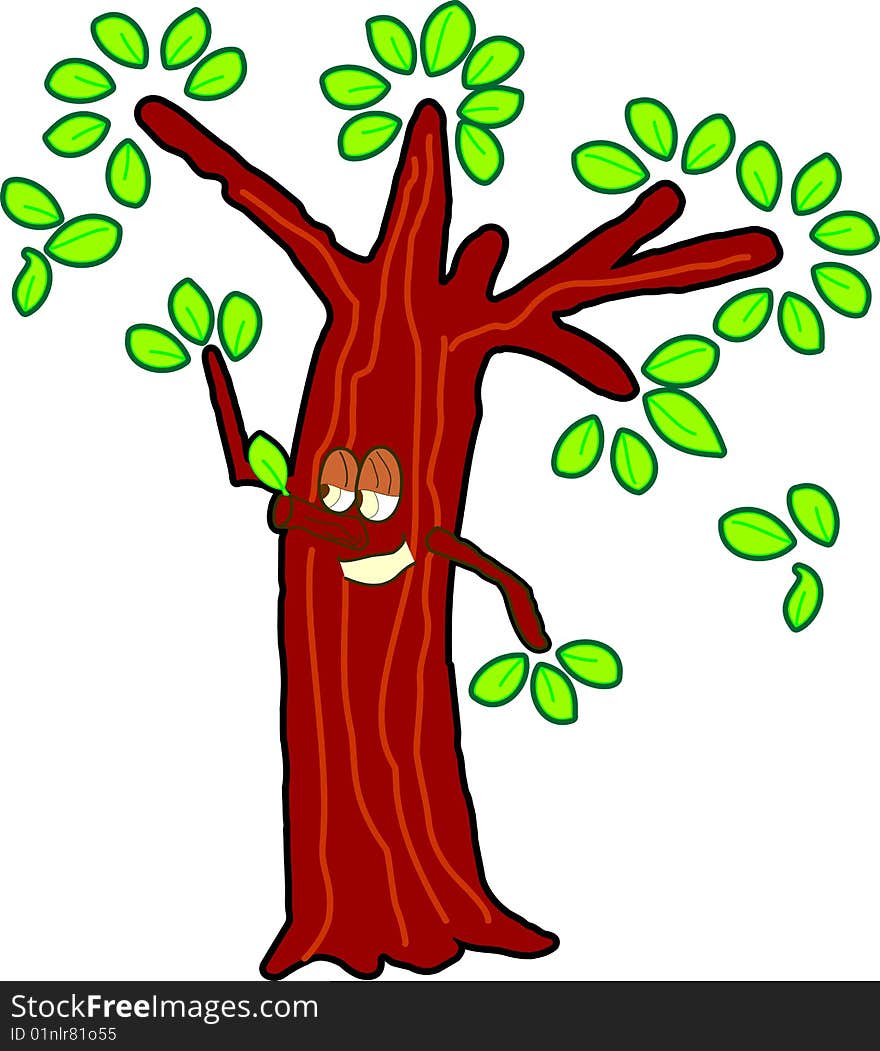 Smiling tree waving with pinoccio nose