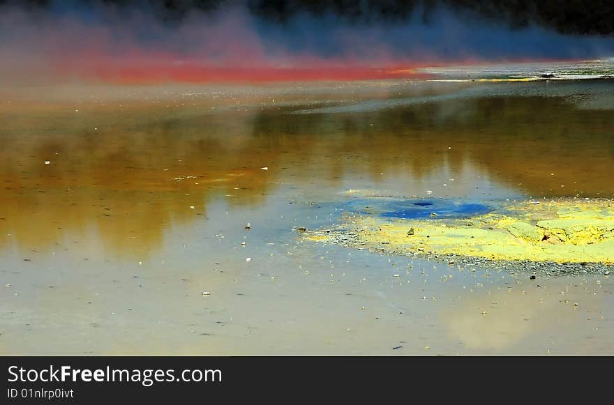 Colorful steaming thermal pools. New Zealand.