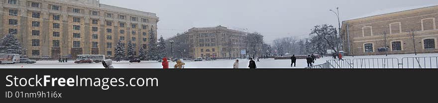 The city area in winter day at dense snow