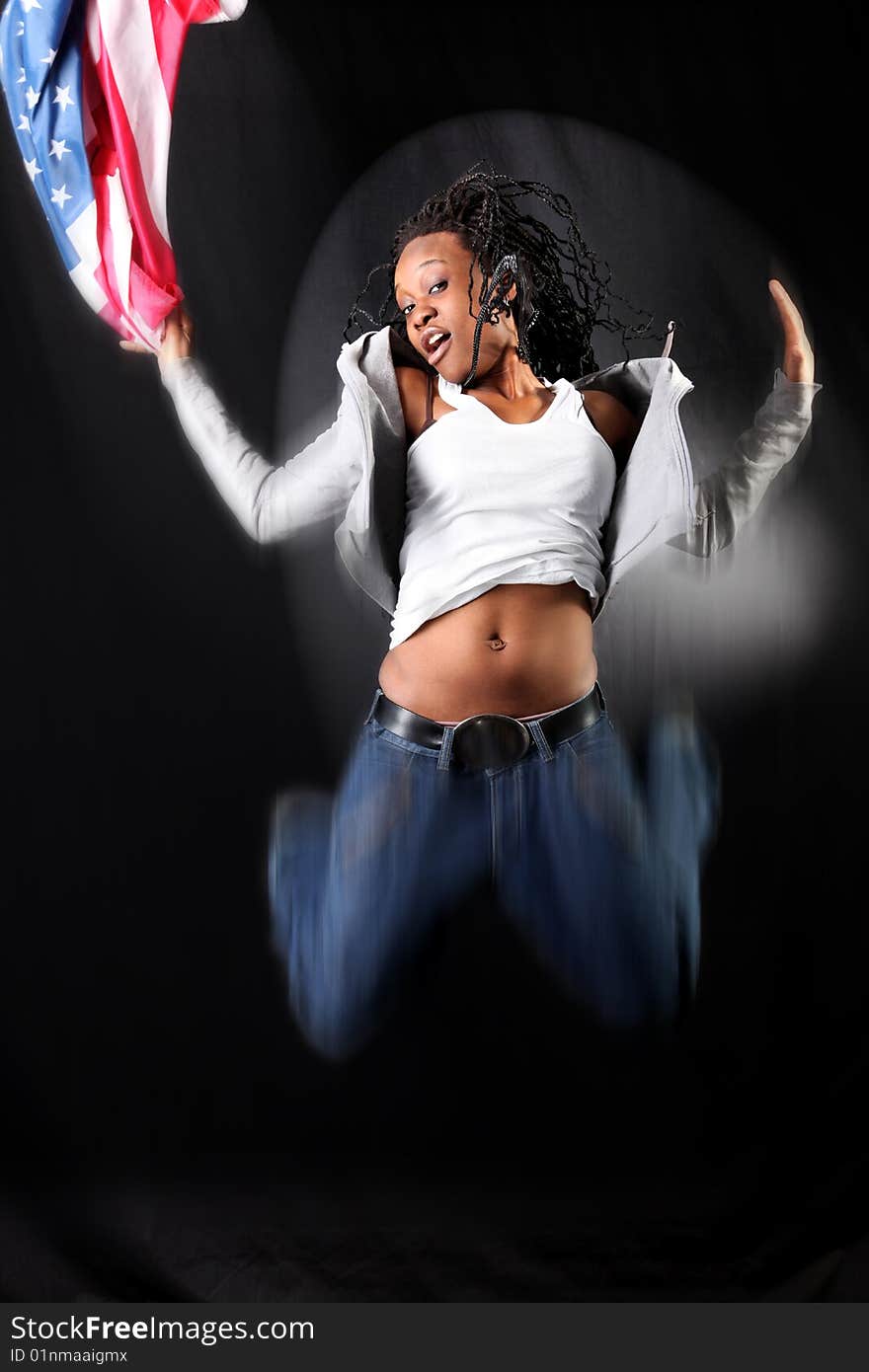 Afro-american dancer in jump with USA flag