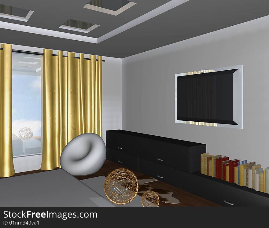 There is a bedroom with white walls, along wall cabinets with books, white chair near window decorated with gold cirtains