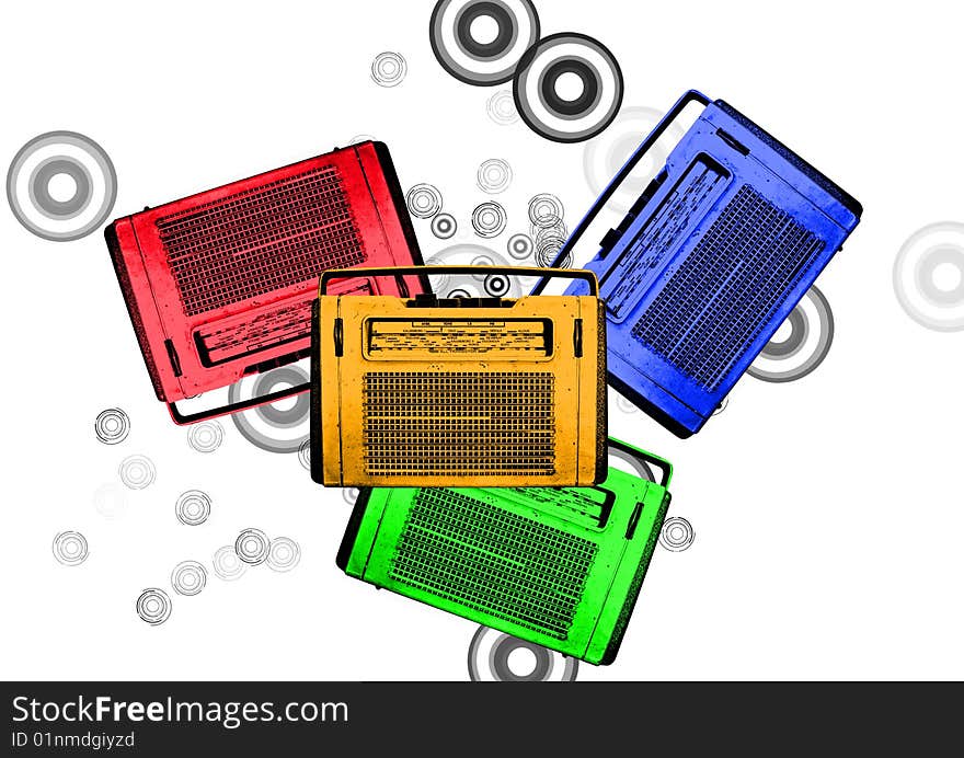 Old colorful vintage retro radios