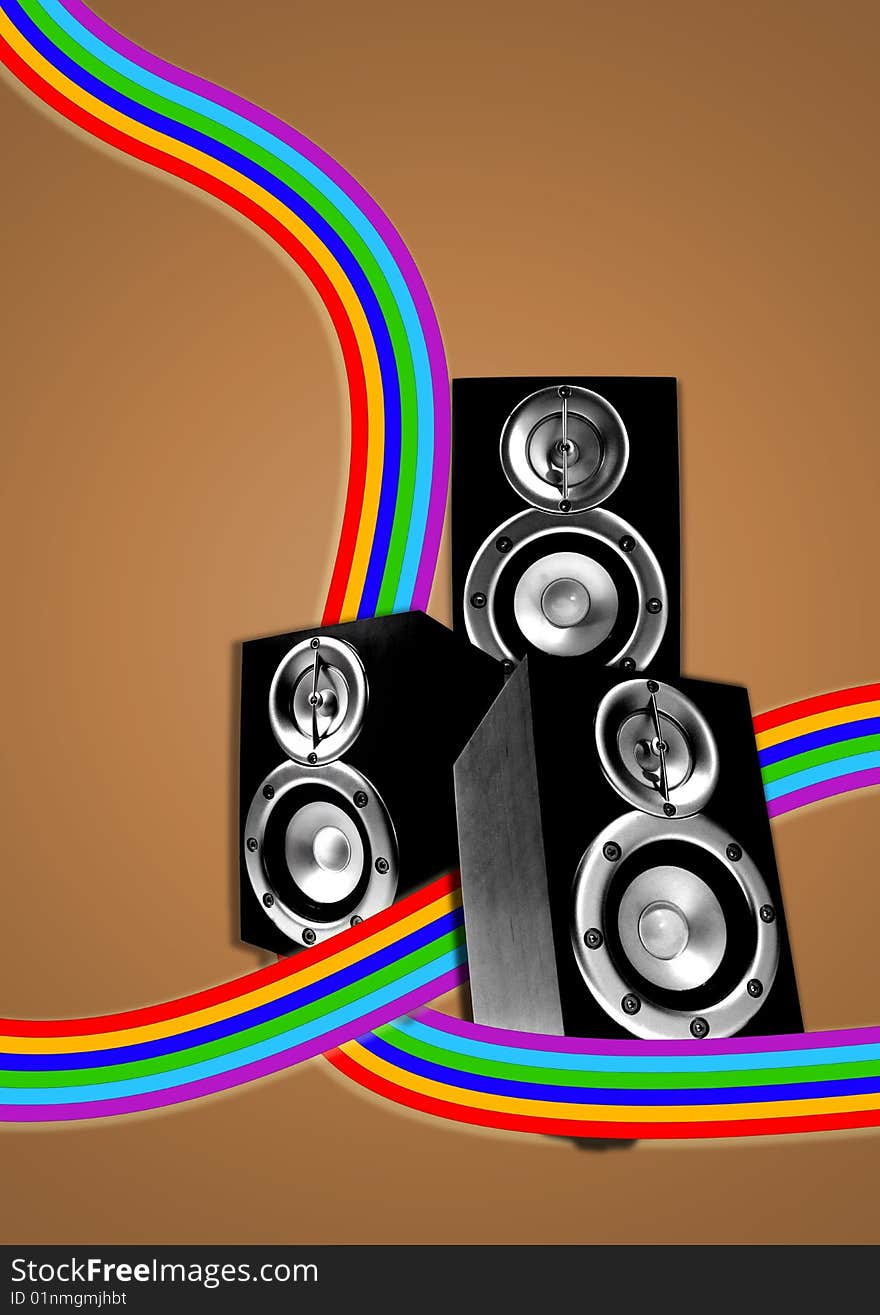 Three loudspeaker with retro vintage flowing lines on a brown background. Three loudspeaker with retro vintage flowing lines on a brown background