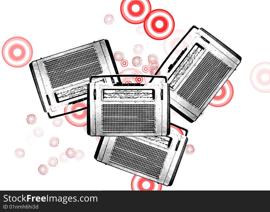 Old black and white vintage retro radios on a white background