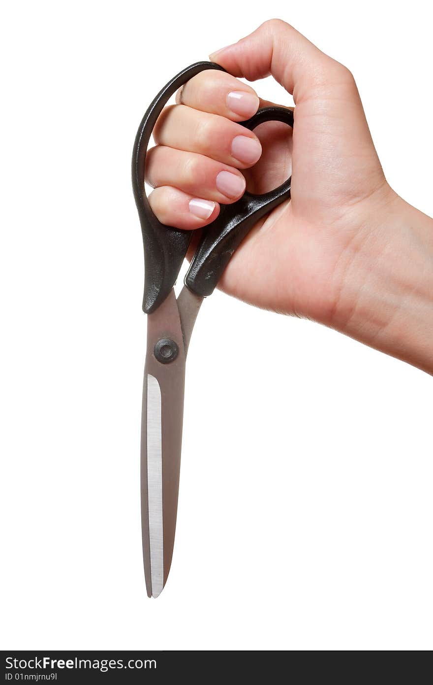 Hand with the scissors, isolated on the white. Hand with the scissors, isolated on the white