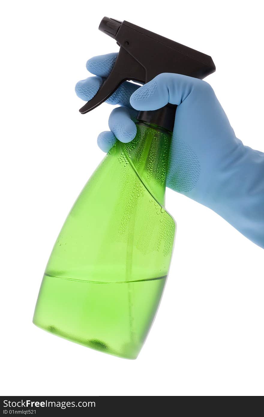 Spraying bottle with rubber glove, cleans disinfect and clean