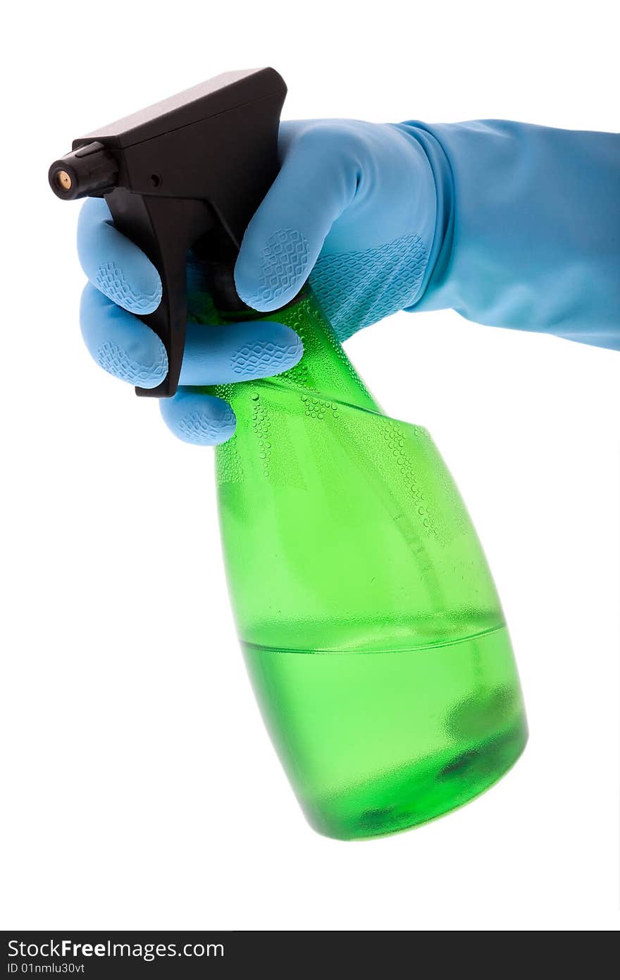 Spraying bottle with rubber glove, cleans disinfect and clean