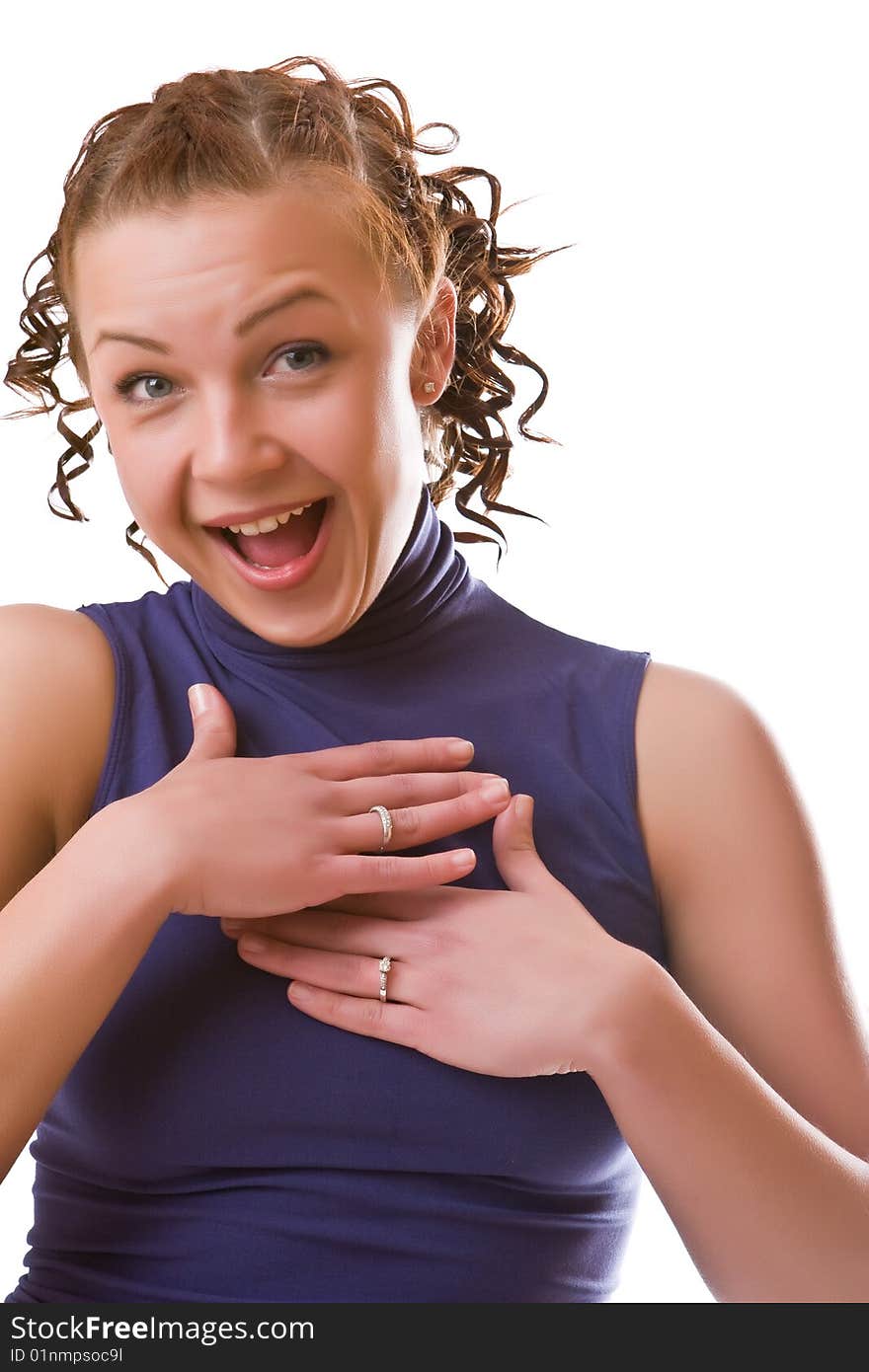 Beautiful surprised girl closeup on a white background