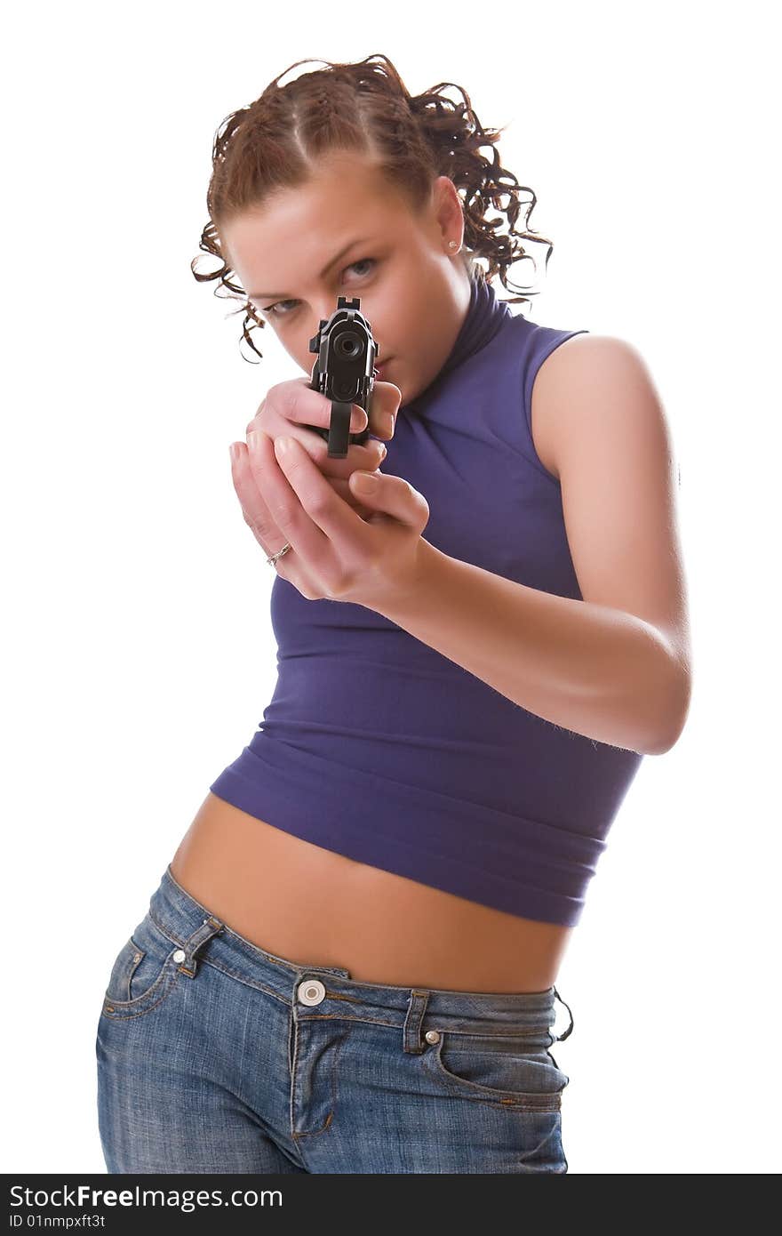 Beautiful girl with the big black gun isolated on a white background. Beautiful girl with the big black gun isolated on a white background