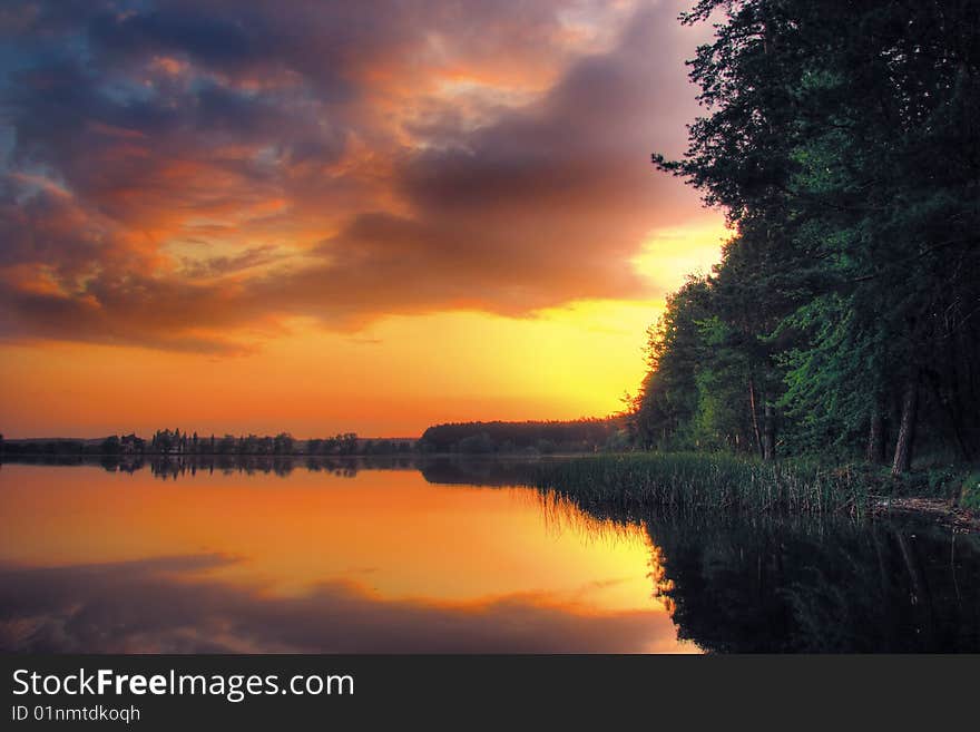 Colorful sunset over a  lake