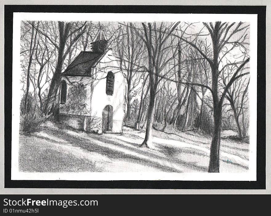 A small country chapel near a forest. A small country chapel near a forest.