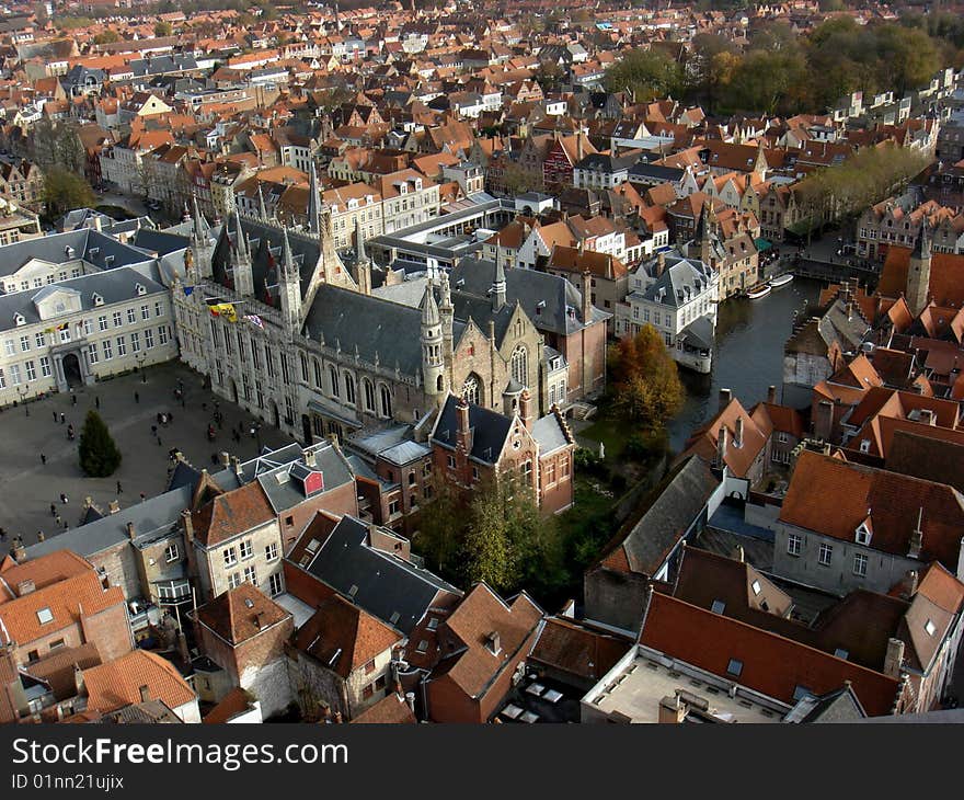 View of central markt of Brugge, Belgium, in autumn from the keep. View of central markt of Brugge, Belgium, in autumn from the keep