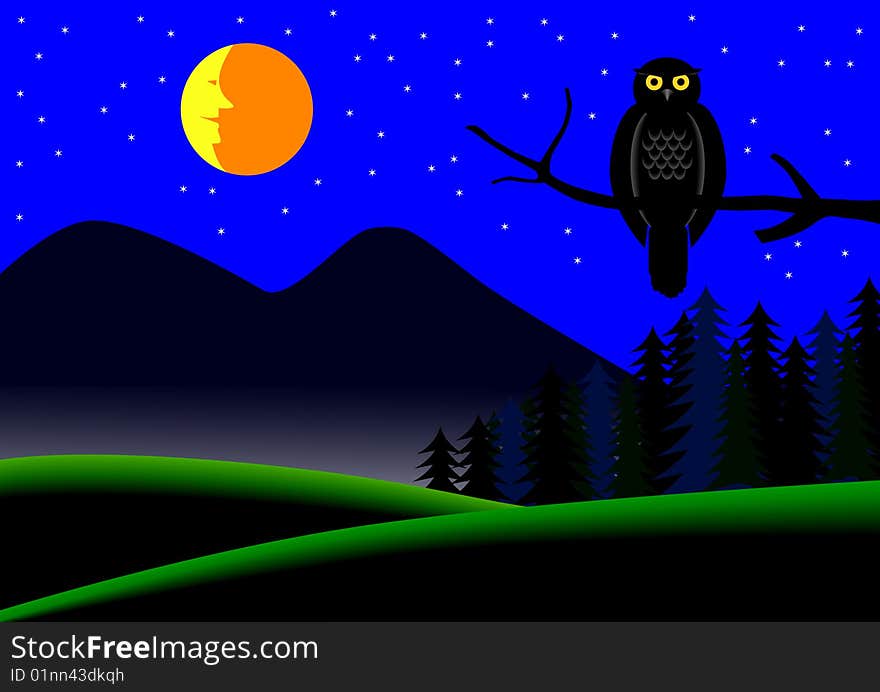 Night landscape with mountains and owl