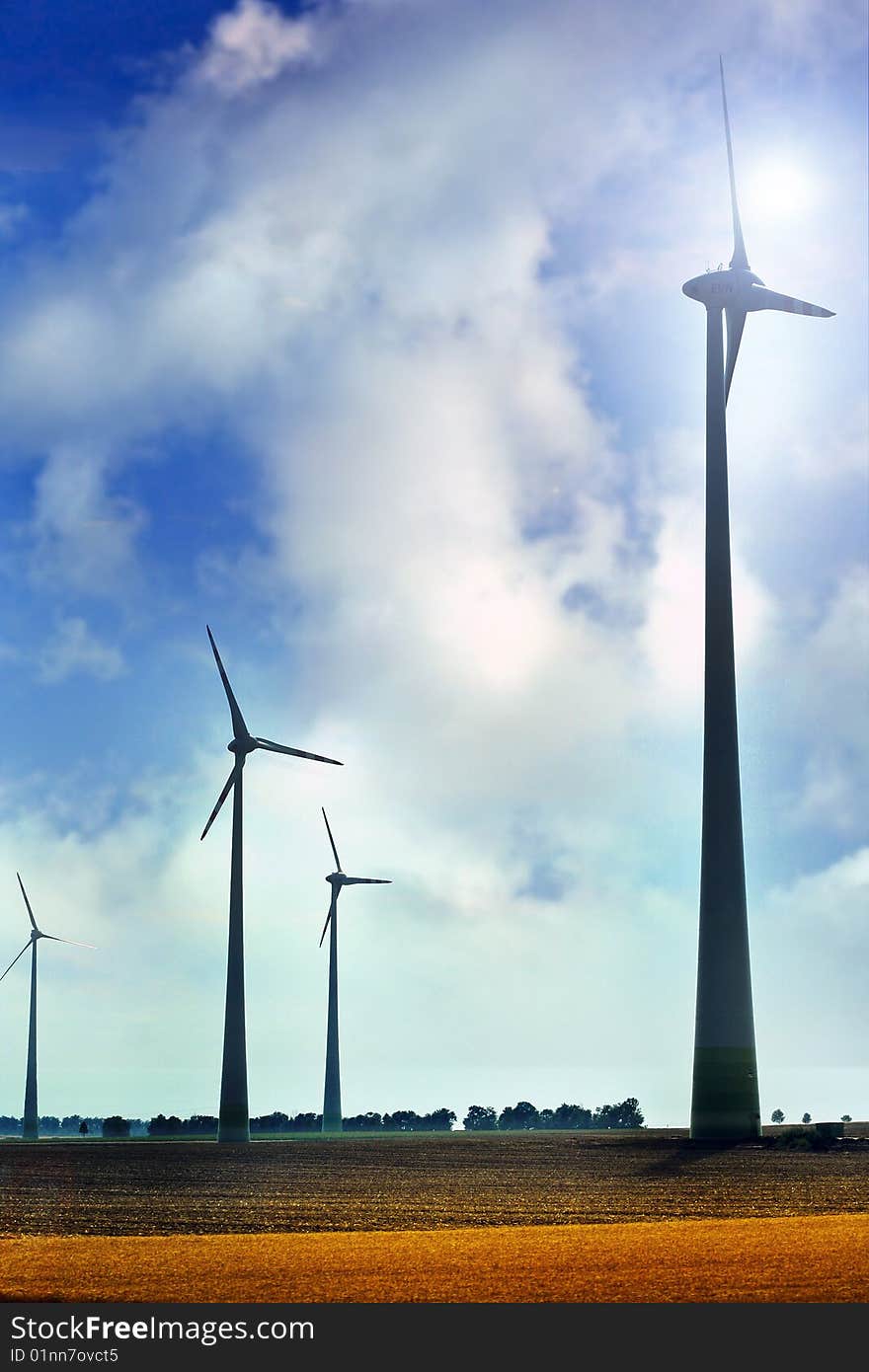 Four windmills relating to the beautiful sky