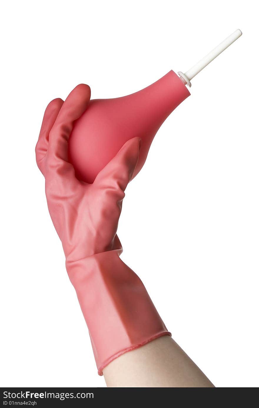 Syringe and hand in pink glove