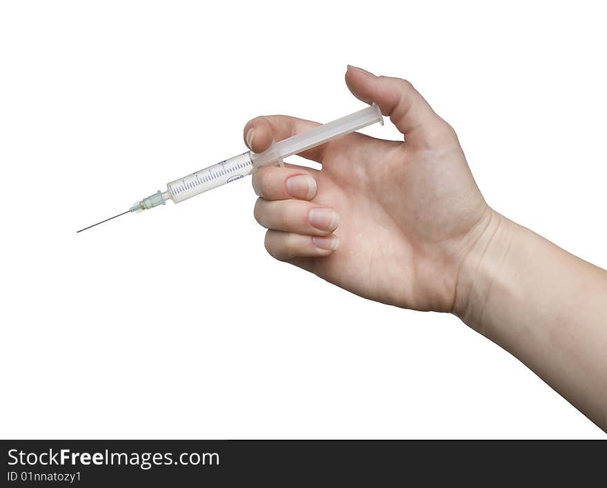 Woman hand with a syringe isolated on white background