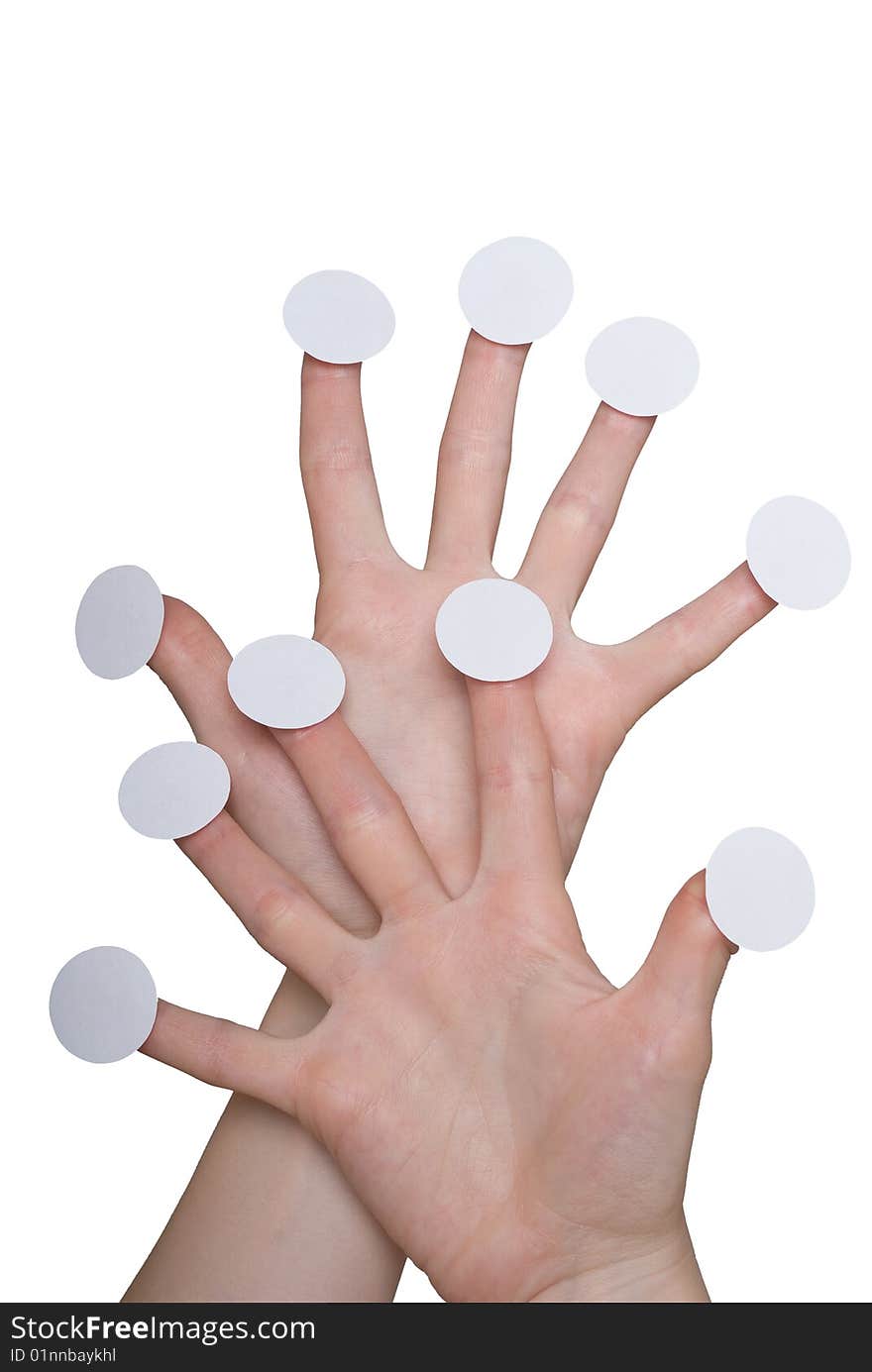 Woman palms with round papers on fingertips