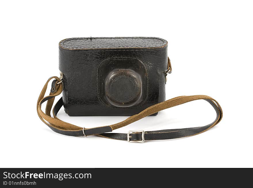 Vintage camera in the leather carry-case isolated on pure white. Vintage camera in the leather carry-case isolated on pure white