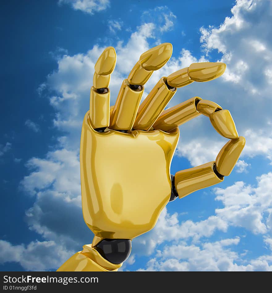 3d robotic hand giving the okay sign on a sky background. Including clipping path. 3d robotic hand giving the okay sign on a sky background. Including clipping path.