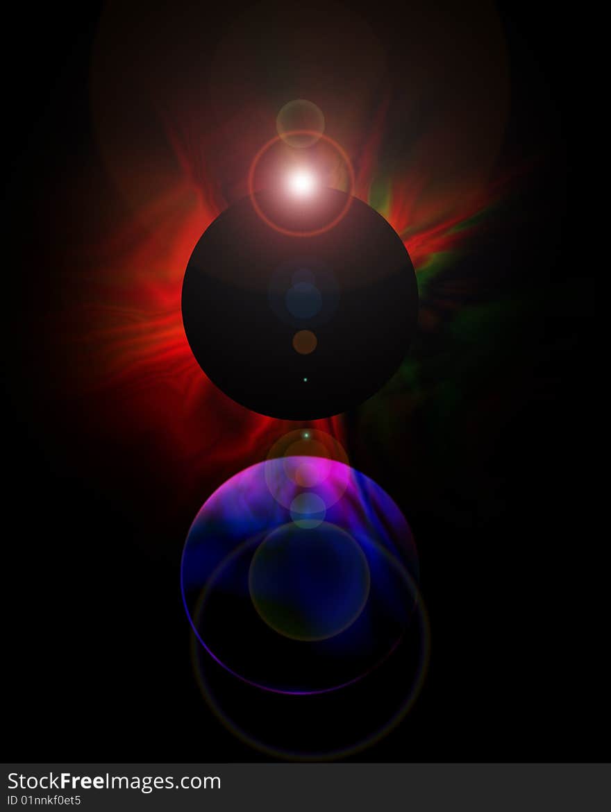 Photoshop rendition of an eclipse with a nebula in the background and a planet in the foreground. Photoshop rendition of an eclipse with a nebula in the background and a planet in the foreground.