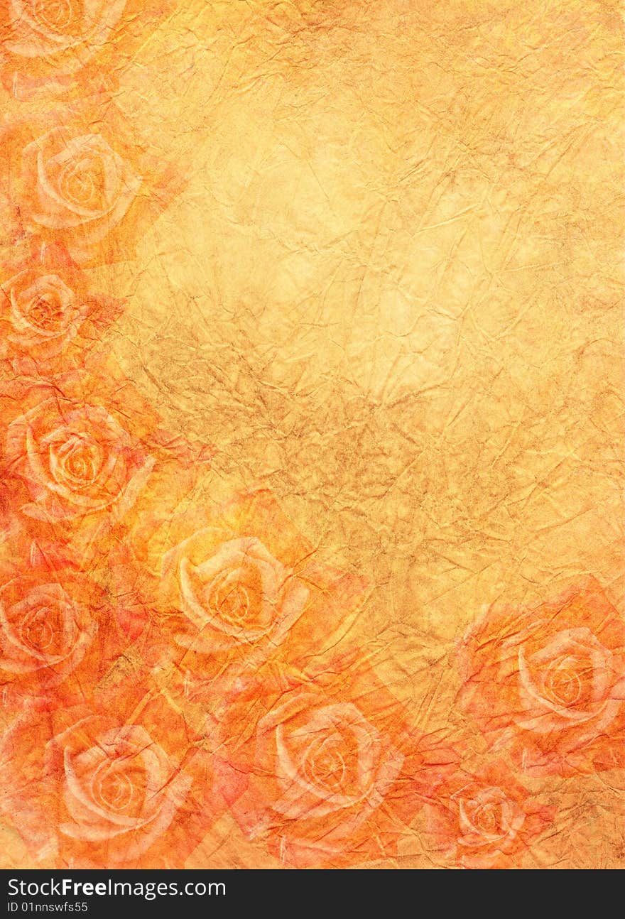 Orange roses on creased paper - illustration. Orange roses on creased paper - illustration