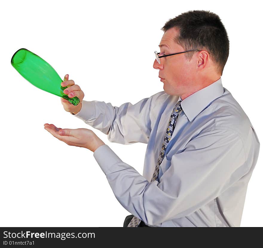 Portrait of man in glasses with a bottle on white background