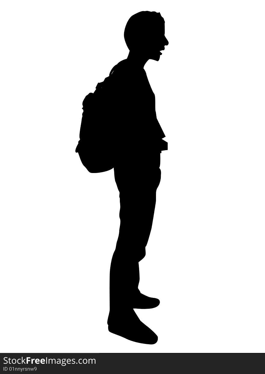 Man posing with bag and books on isolated background