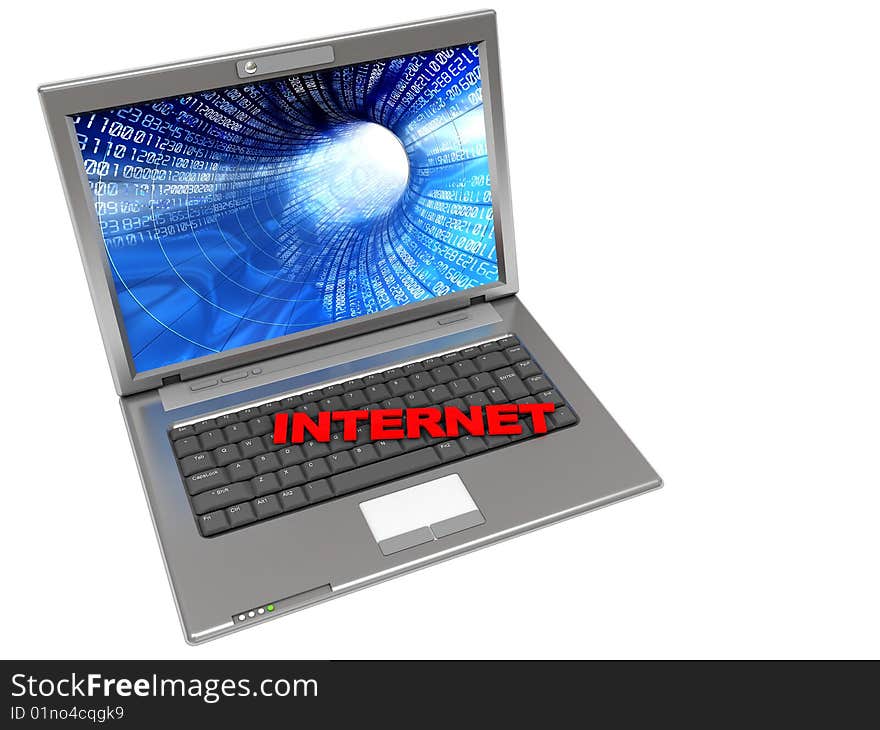 3d illustration of laptop with text 'internet' on keyboard. 3d illustration of laptop with text 'internet' on keyboard