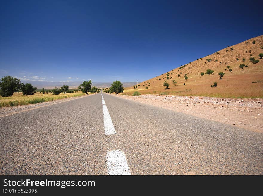 Beautiful road in Morocco with trees, sand, line and blue sky. Beautiful road in Morocco with trees, sand, line and blue sky