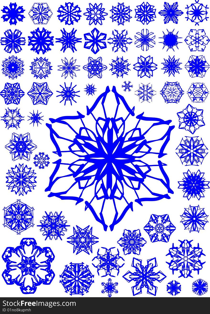 Many vector snowflakes on white