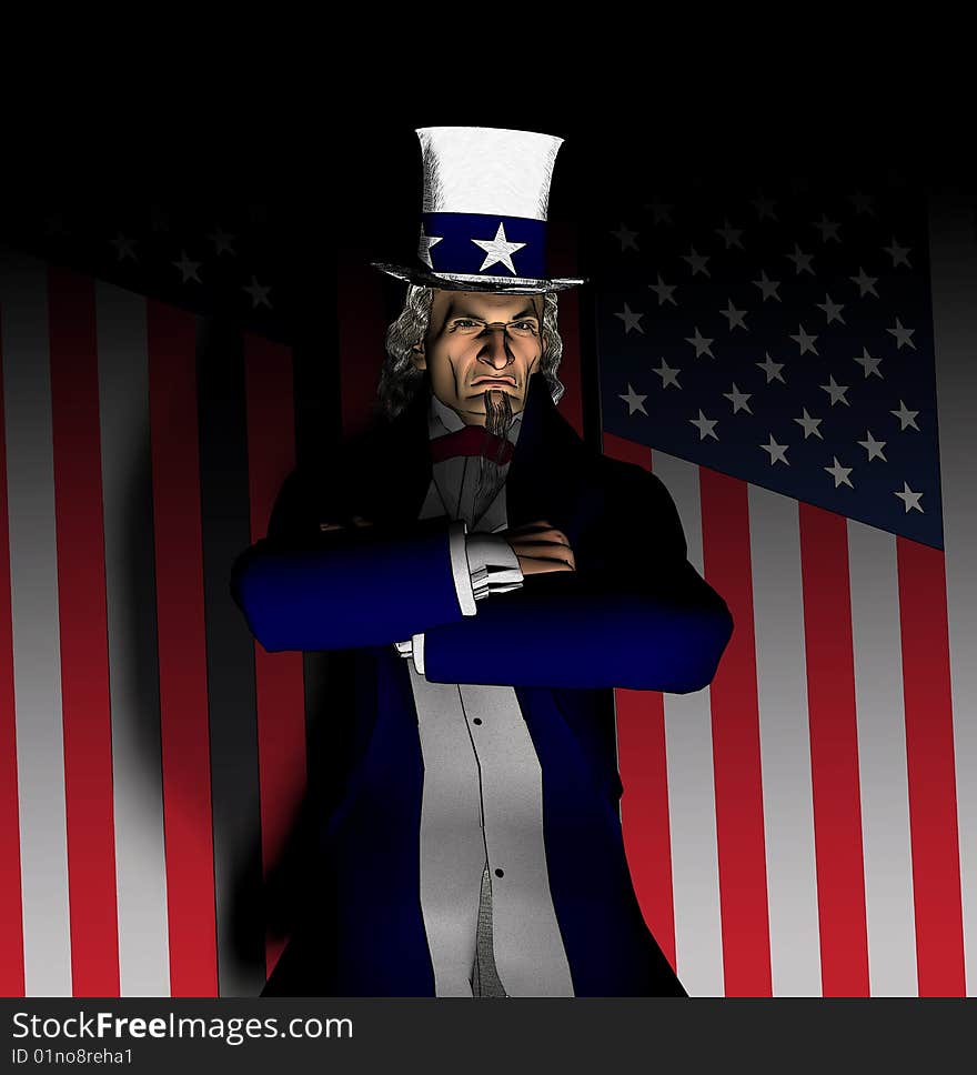 Rendered image of the iconic figure Uncle Sam, standing before the American flag, with arms folded. Rendered image of the iconic figure Uncle Sam, standing before the American flag, with arms folded.