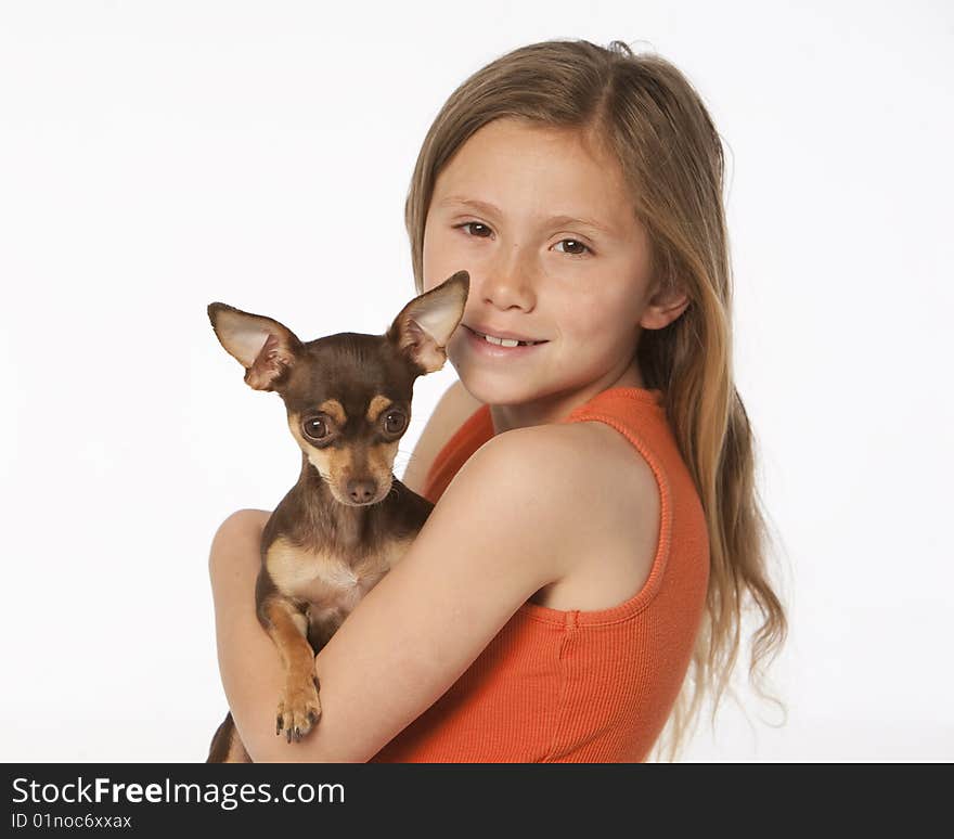 Young girl with golden retriever on white. Young girl with golden retriever on white.