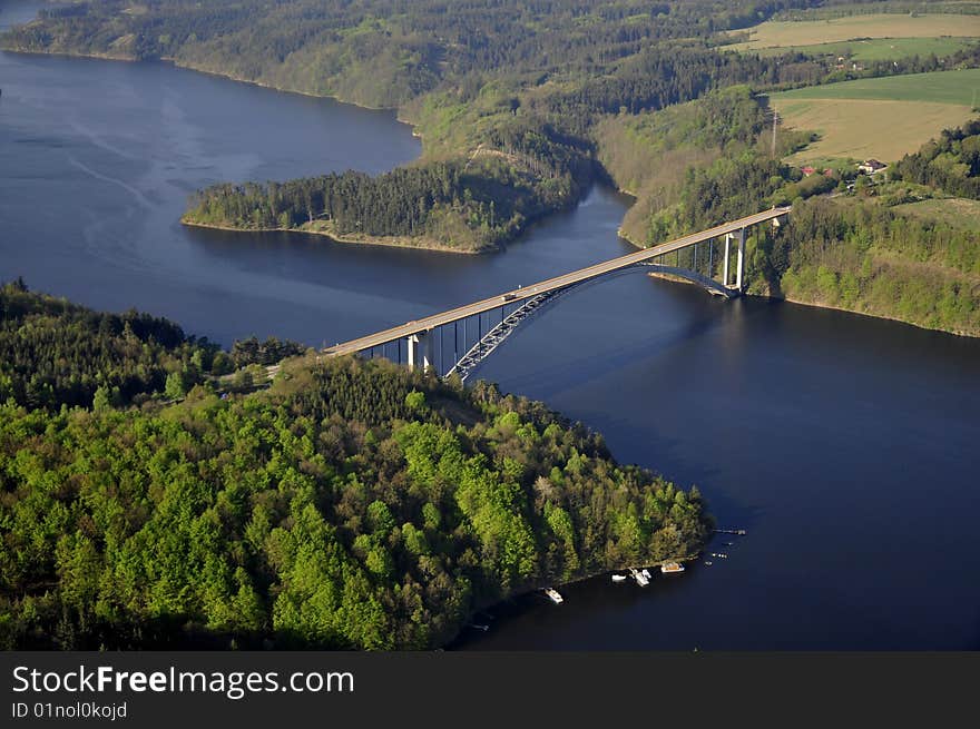 Aerial photo of dam in between mountains. Orlicka prehrada - Czech Republic. Aerial photo of dam in between mountains. Orlicka prehrada - Czech Republic