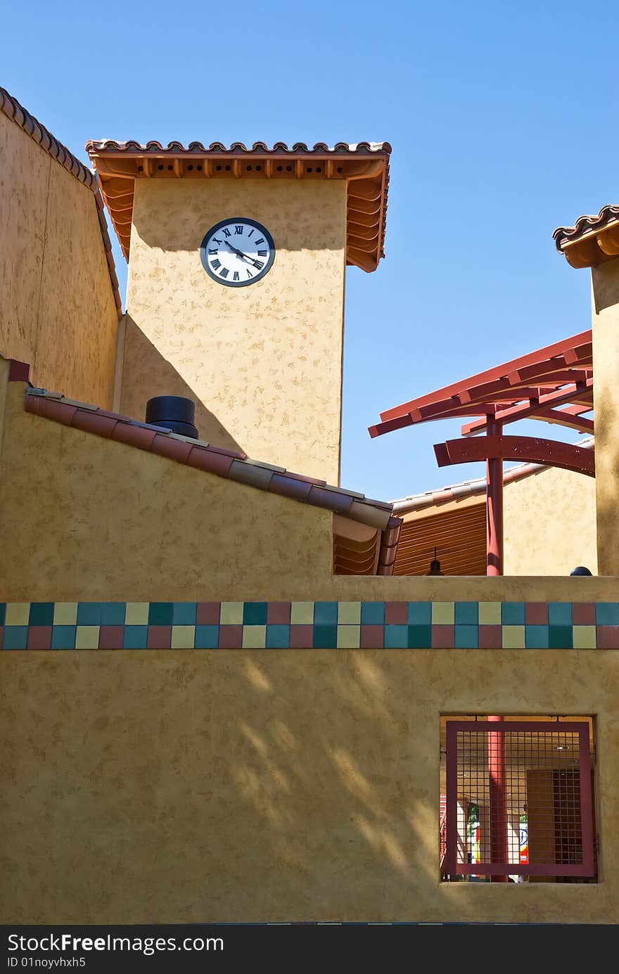 Vintage spanish style building with clock tower in California