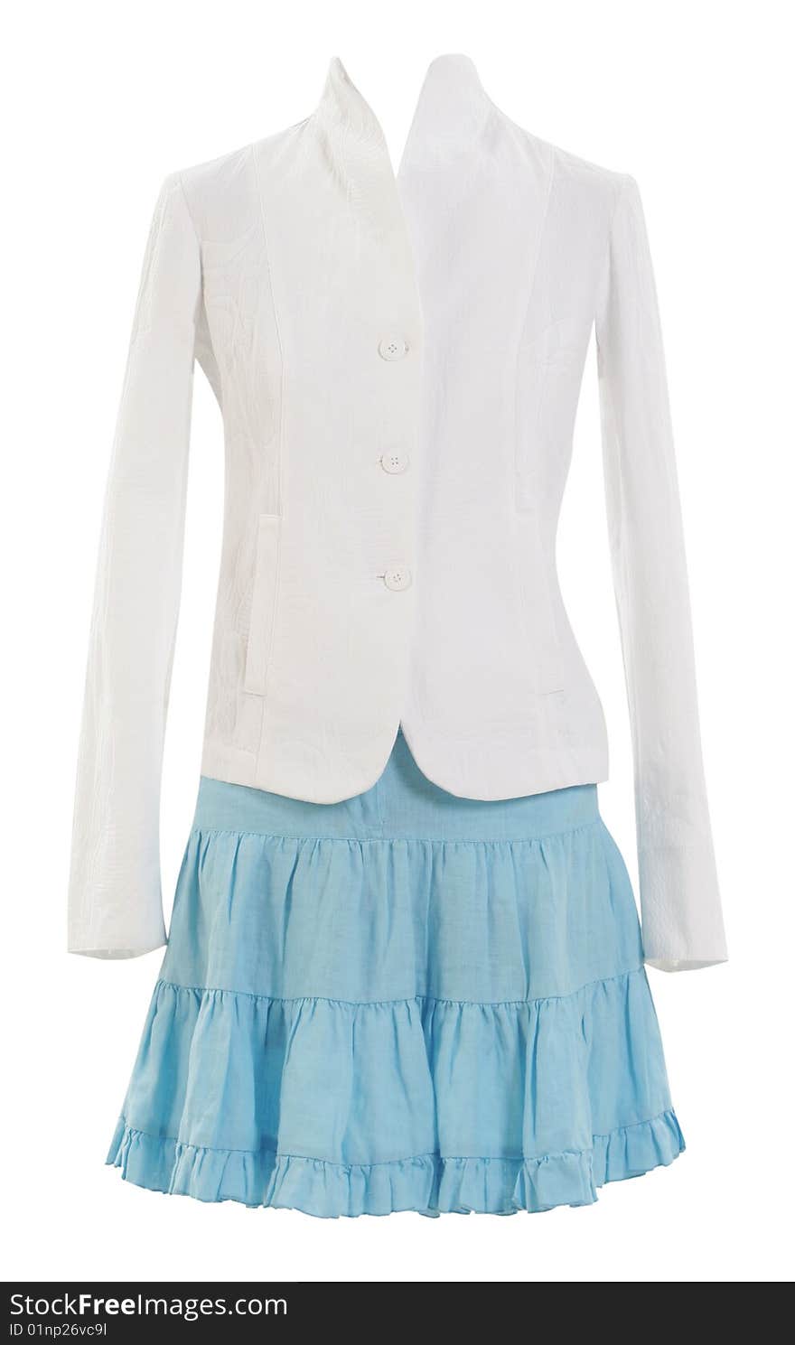 White jacket and blue skirt